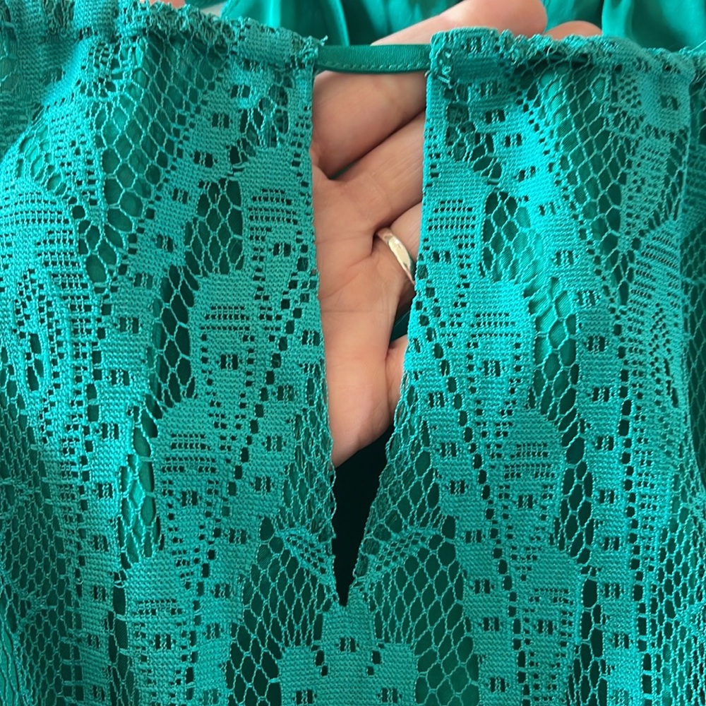 Gianni Bini Teal Green Lace Sleeveless Dress with Fringe Hem Women's Size Large - Picture 6 of 10